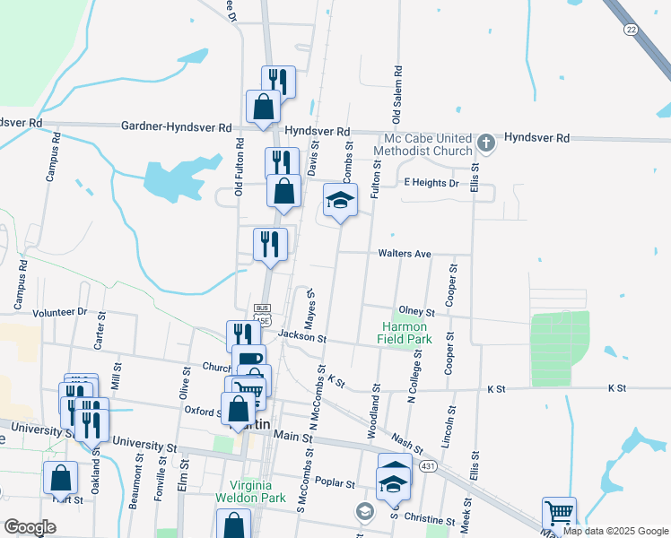 map of restaurants, bars, coffee shops, grocery stores, and more near 101 Barnett Street in Martin
