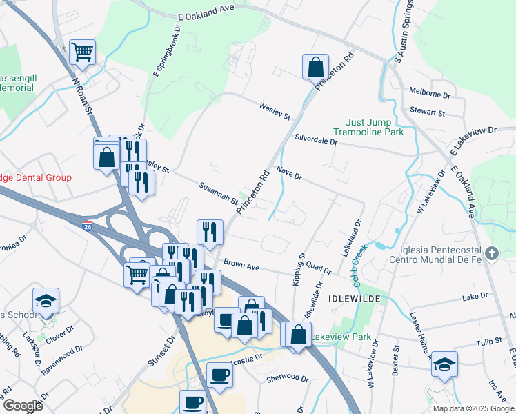 map of restaurants, bars, coffee shops, grocery stores, and more near 302 Princeton Road in Johnson City