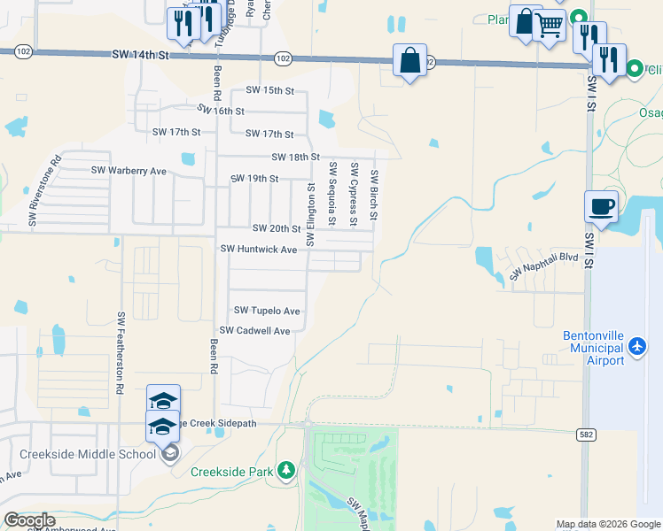 map of restaurants, bars, coffee shops, grocery stores, and more near 2100 Southwest Montana Avenue in Bentonville