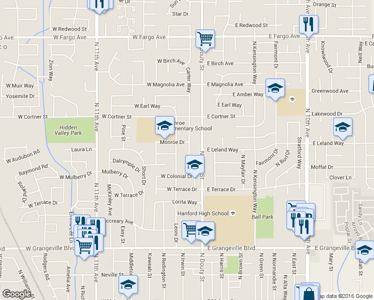 map of restaurants, bars, coffee shops, grocery stores, and more near 2058 Carter Way in Hanford