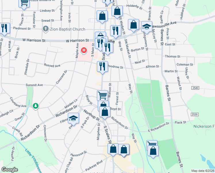 map of restaurants, bars, coffee shops, grocery stores, and more near 805 Watson Street in Reidsville