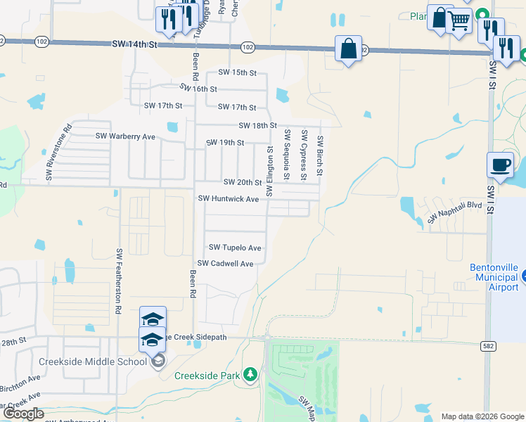 map of restaurants, bars, coffee shops, grocery stores, and more near 2200 Southwest Montana Avenue in Bentonville