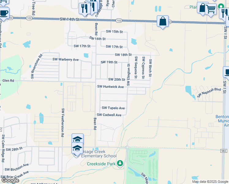 map of restaurants, bars, coffee shops, grocery stores, and more near 2306 Southwest Montana Avenue in Bentonville