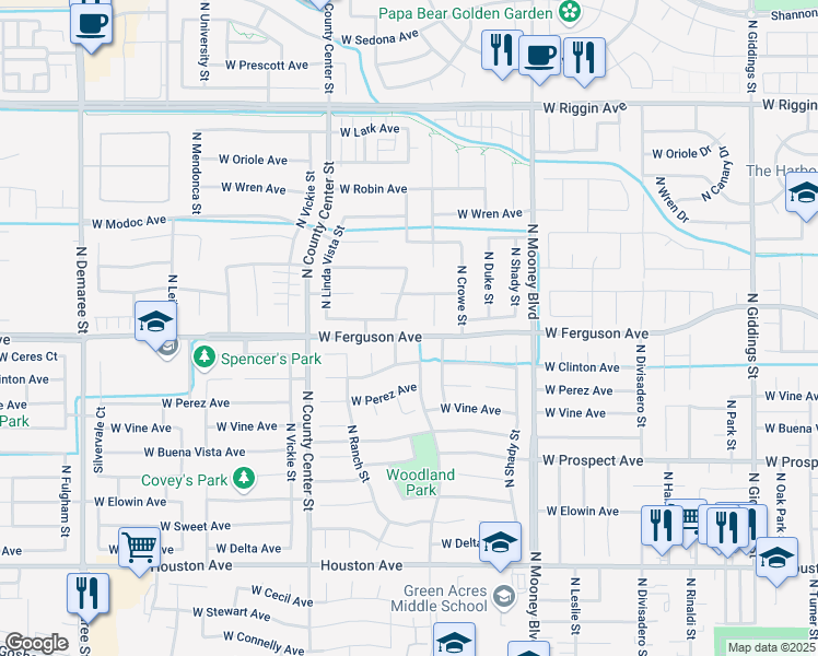 map of restaurants, bars, coffee shops, grocery stores, and more near 2511 West Babcock Court in Visalia