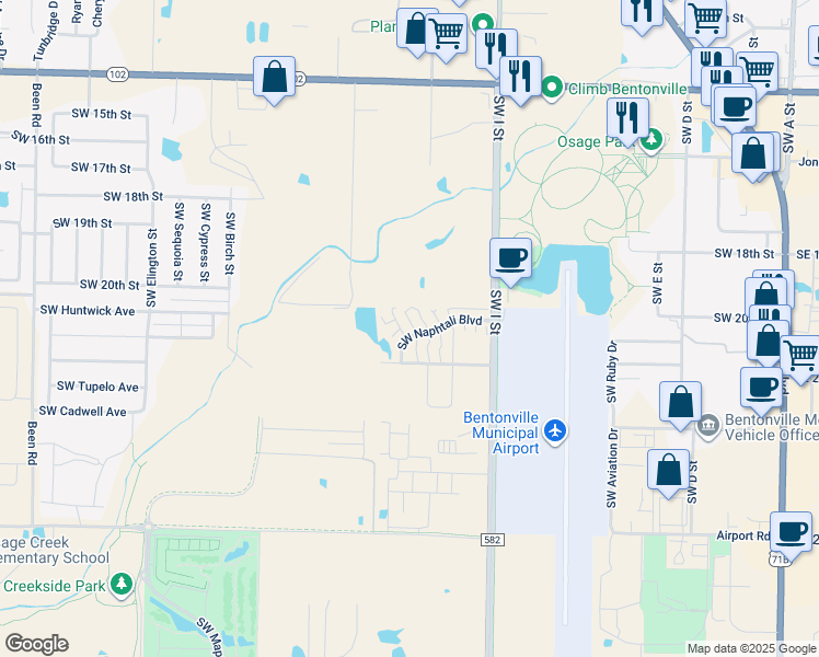map of restaurants, bars, coffee shops, grocery stores, and more near 2406 Southwest Sierra Terrace in Bentonville