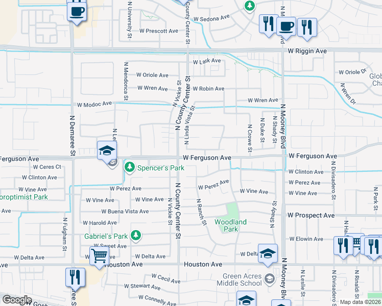 map of restaurants, bars, coffee shops, grocery stores, and more near 2741 West Babcock Avenue in Visalia