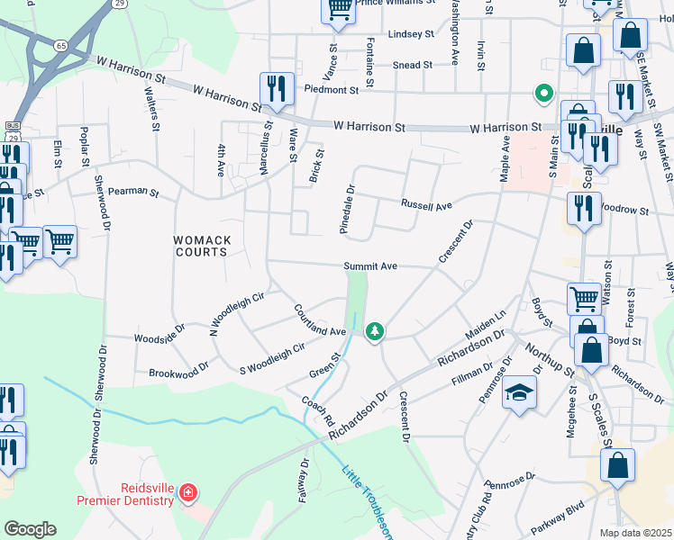 map of restaurants, bars, coffee shops, grocery stores, and more near 1003 Summit Avenue in Reidsville