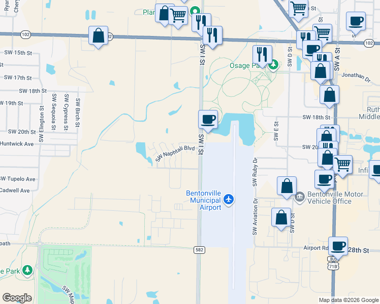 map of restaurants, bars, coffee shops, grocery stores, and more near 2302 Southwest I Street in Bentonville
