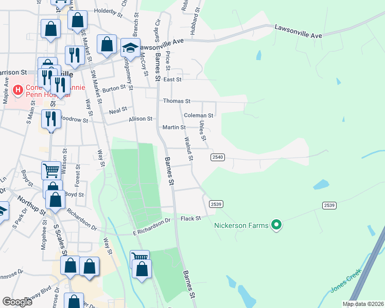 map of restaurants, bars, coffee shops, grocery stores, and more near 1105 Walnut Street in Reidsville