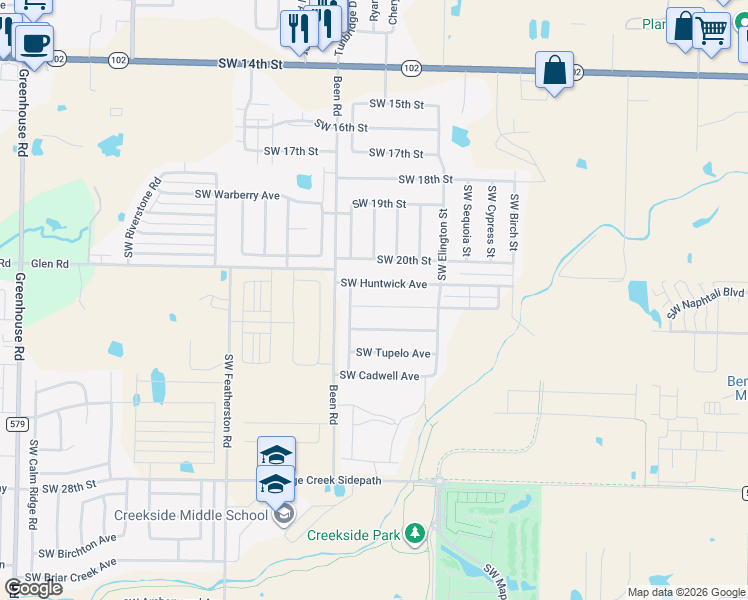 map of restaurants, bars, coffee shops, grocery stores, and more near 2502 Southwest Montana Avenue in Bentonville