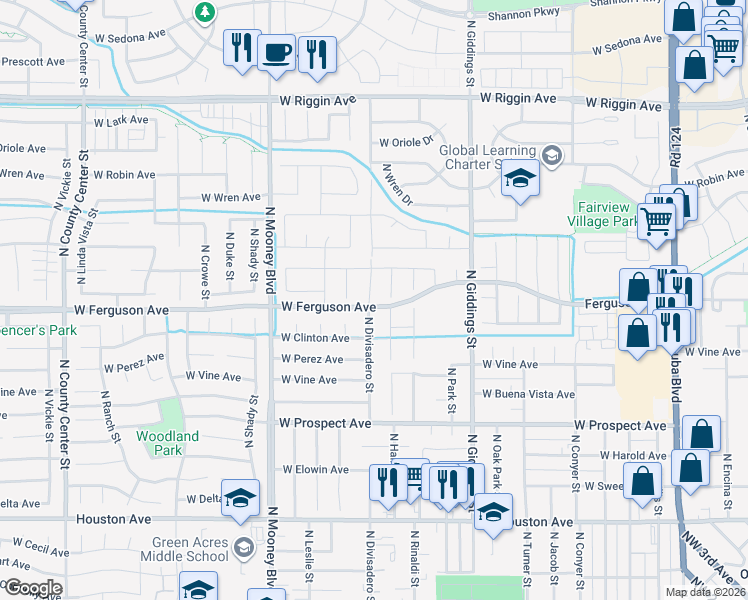 map of restaurants, bars, coffee shops, grocery stores, and more near 2202 North Divisadero Street in Visalia