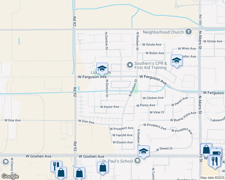 map of restaurants, bars, coffee shops, grocery stores, and more near 6347 West Ceres Avenue in Visalia