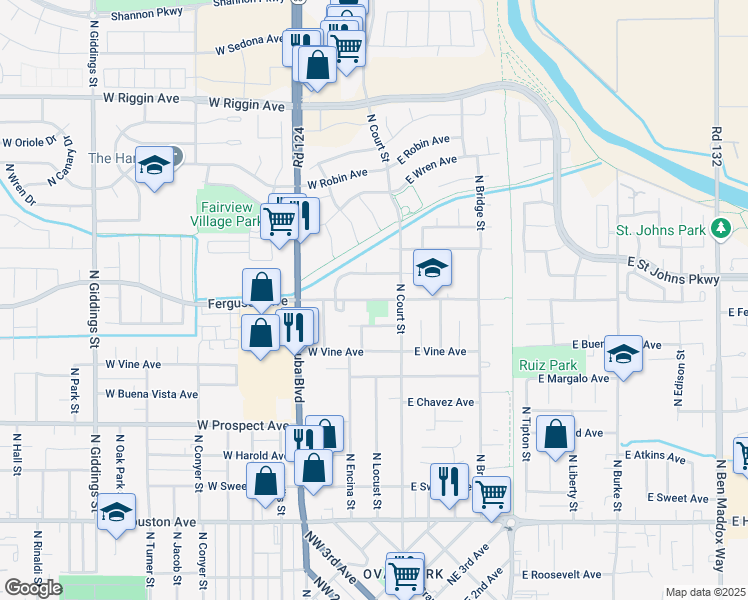 map of restaurants, bars, coffee shops, grocery stores, and more near 247 Ferguson Street in Visalia