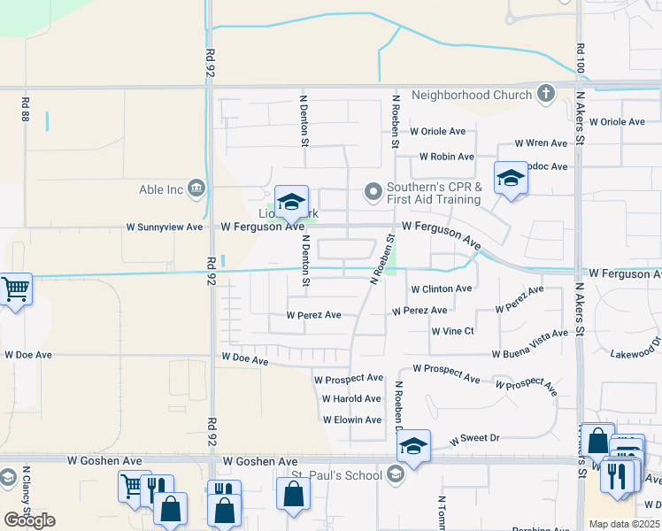 map of restaurants, bars, coffee shops, grocery stores, and more near 6347 West Ceres Avenue in Visalia