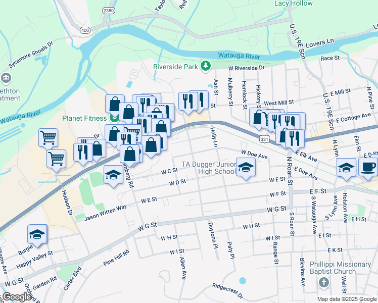 map of restaurants, bars, coffee shops, grocery stores, and more near 501 Washington Avenue in Elizabethton