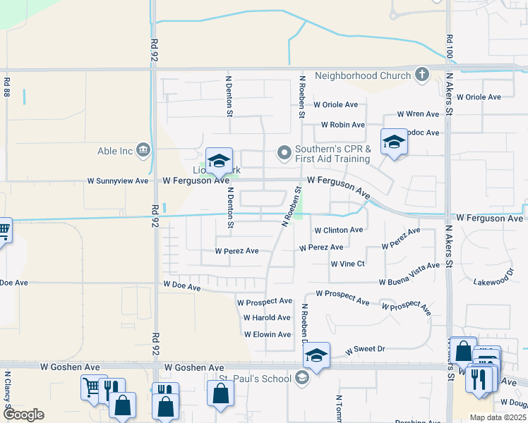 map of restaurants, bars, coffee shops, grocery stores, and more near 6239 West Ceres Avenue in Visalia