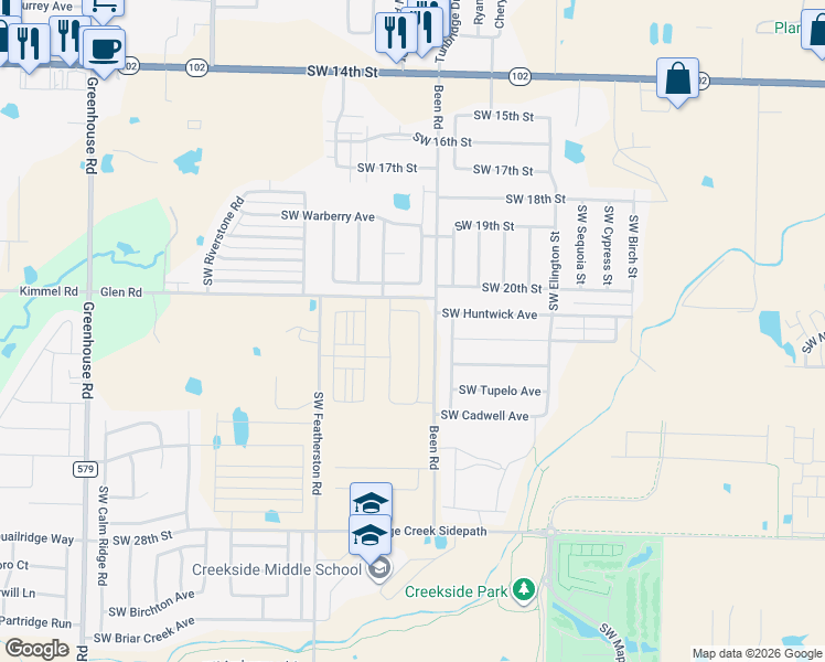 map of restaurants, bars, coffee shops, grocery stores, and more near 2104 Southwest Chaddington Road in Bentonville
