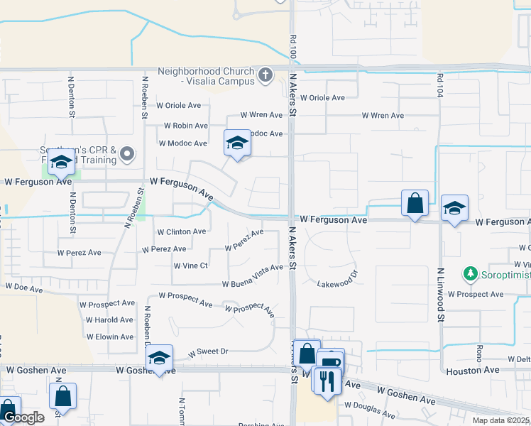 map of restaurants, bars, coffee shops, grocery stores, and more near 5449 West Babcock Court in Visalia