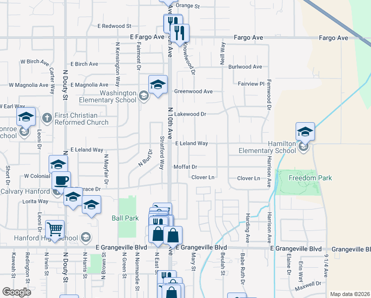 map of restaurants, bars, coffee shops, grocery stores, and more near 2086 Mary-Rose Lane in Hanford