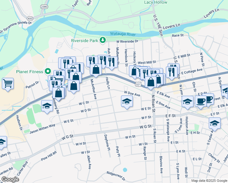 map of restaurants, bars, coffee shops, grocery stores, and more near 324 West Doe Avenue in Elizabethton