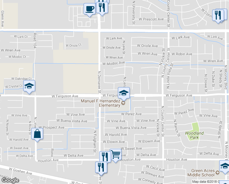 map of restaurants, bars, coffee shops, grocery stores, and more near 3547 West Babcock Avenue in Visalia