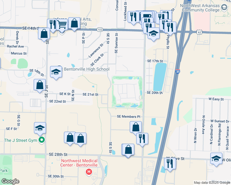 map of restaurants, bars, coffee shops, grocery stores, and more near 2004 Southeast Bay Hill Drive in Bentonville