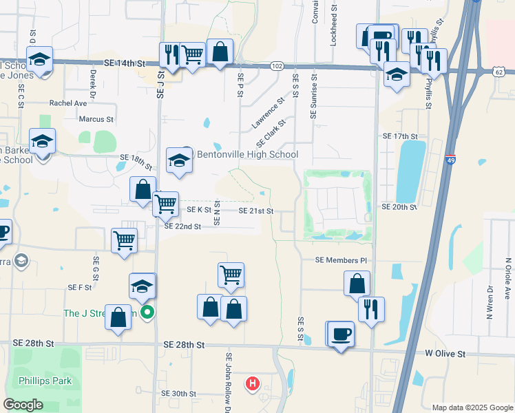map of restaurants, bars, coffee shops, grocery stores, and more near 1509 Southeast 21st Street in Bentonville