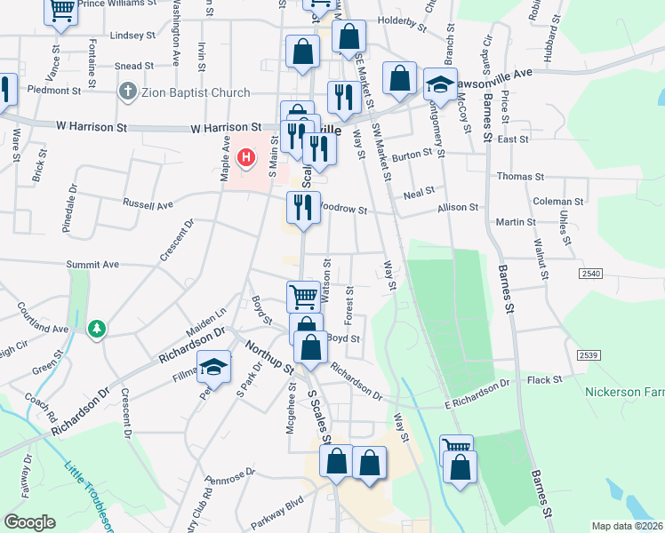 map of restaurants, bars, coffee shops, grocery stores, and more near 805 Watson Street in Reidsville