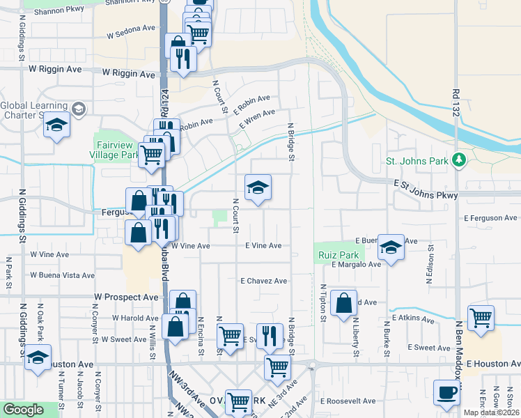 map of restaurants, bars, coffee shops, grocery stores, and more near 214 East Ferguson Street in Visalia