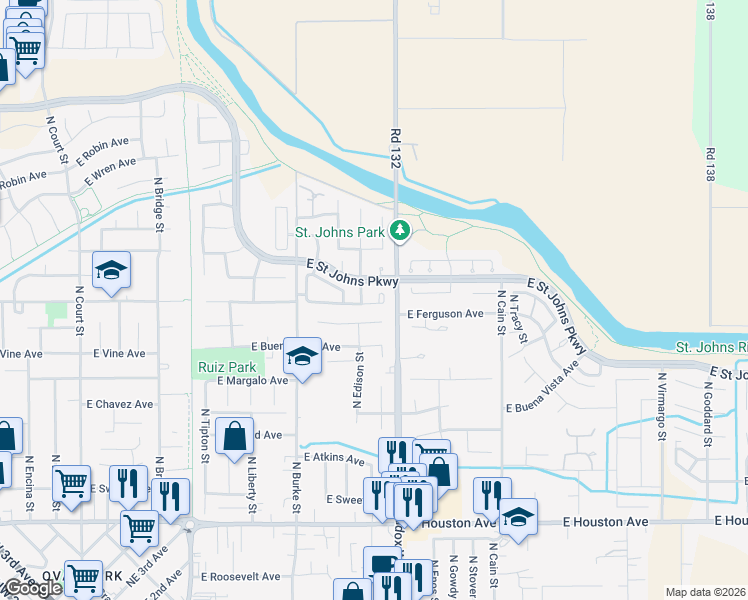map of restaurants, bars, coffee shops, grocery stores, and more near 1233 East Ferguson Avenue in Visalia