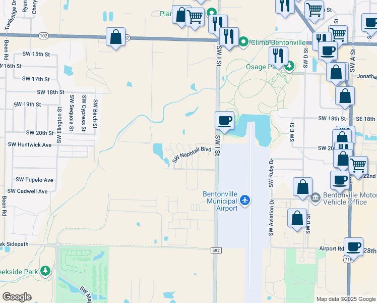 map of restaurants, bars, coffee shops, grocery stores, and more near 2500 Southwest Fallow Street in Bentonville