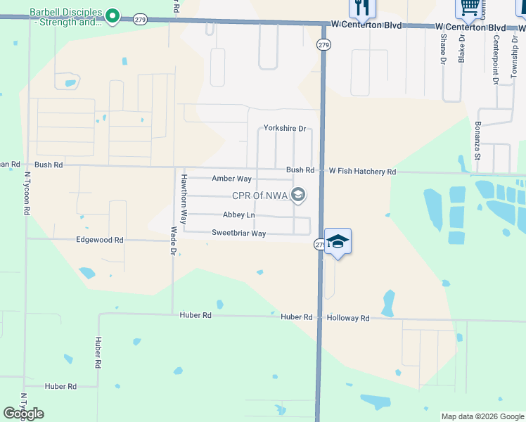 map of restaurants, bars, coffee shops, grocery stores, and more near 1460 Abbey Lane in Centerton