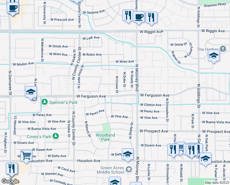map of restaurants, bars, coffee shops, grocery stores, and more near 2209 North Crowe Street in Visalia