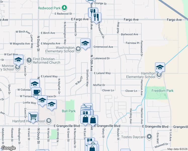 map of restaurants, bars, coffee shops, grocery stores, and more near 2084 Parker Place in Hanford