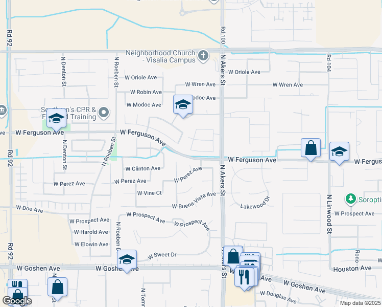 map of restaurants, bars, coffee shops, grocery stores, and more near 5449 West Babcock Court in Visalia