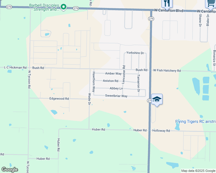 map of restaurants, bars, coffee shops, grocery stores, and more near 1640 Abbey Lane in Centerton