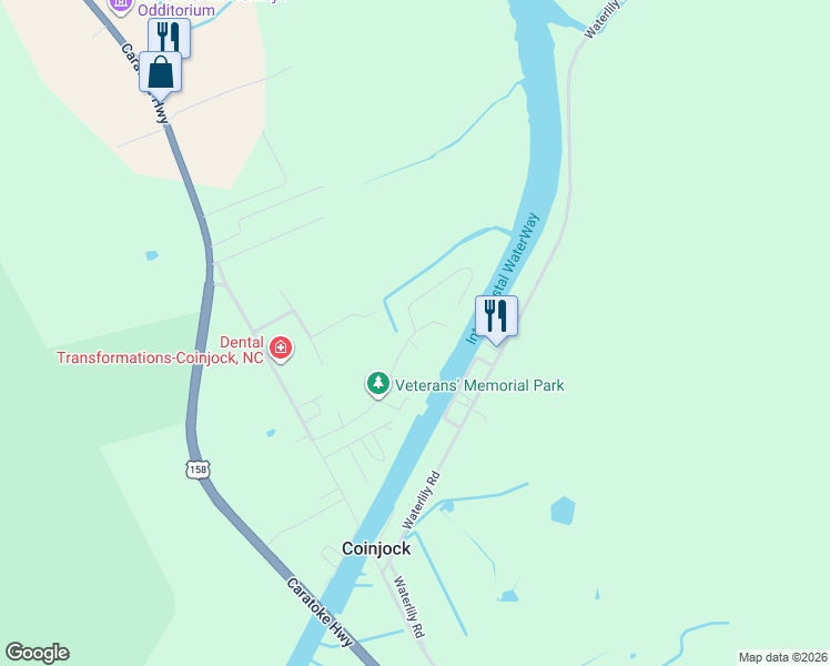 map of restaurants, bars, coffee shops, grocery stores, and more near 177 Coinjack Canal Rd in Currituck