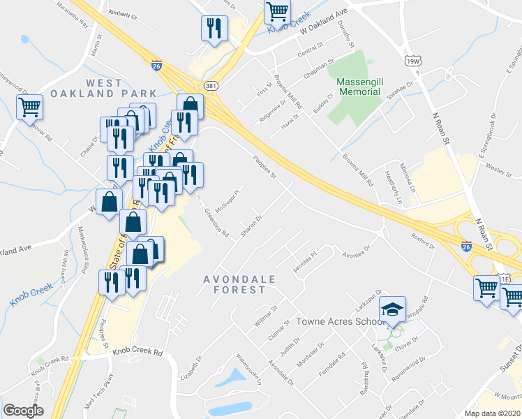 map of restaurants, bars, coffee shops, grocery stores, and more near 512 Sharon Drive in Johnson City