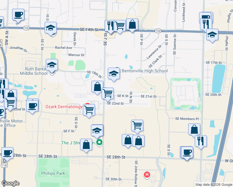 map of restaurants, bars, coffee shops, grocery stores, and more near 1203 Southeast 21st Street in Bentonville