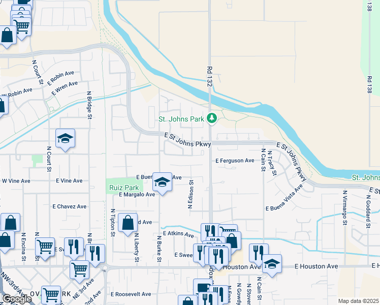 map of restaurants, bars, coffee shops, grocery stores, and more near 2211 North Edison Street in Visalia