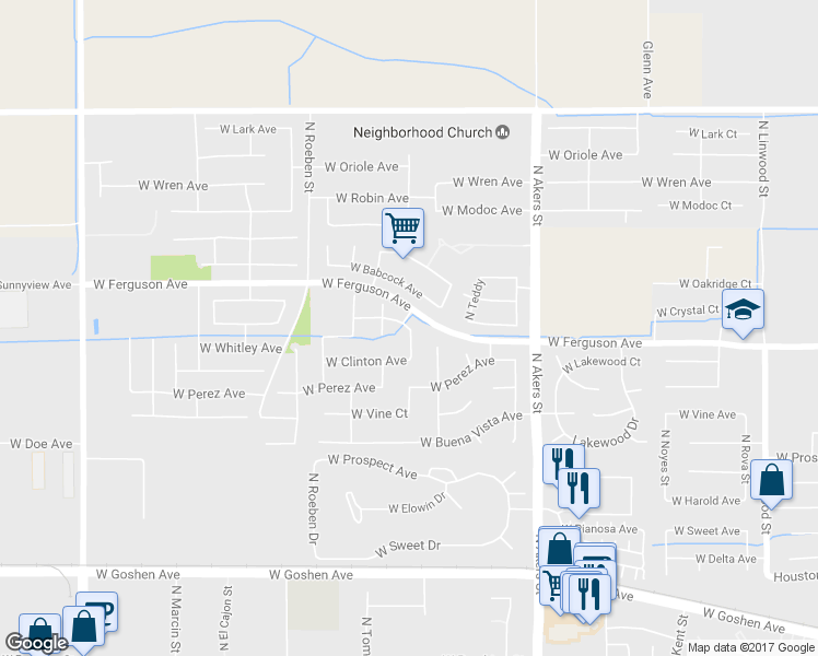 map of restaurants, bars, coffee shops, grocery stores, and more near 4143 West Ceres Avenue in Visalia