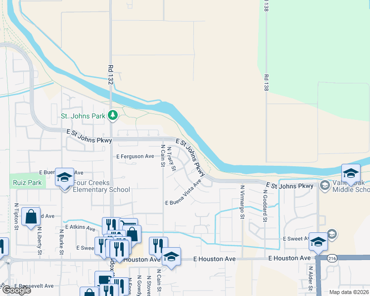 map of restaurants, bars, coffee shops, grocery stores, and more near 1820 East Babcock Avenue in Visalia