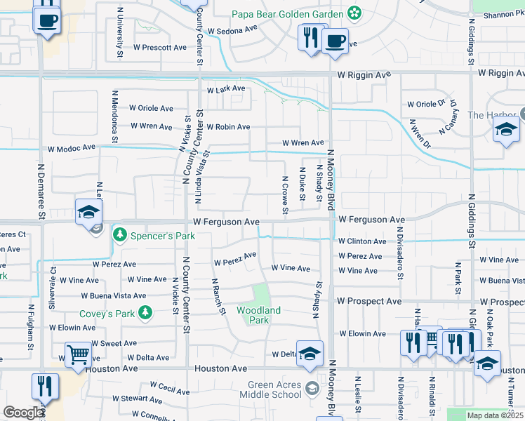map of restaurants, bars, coffee shops, grocery stores, and more near 2511 West Babcock Court in Visalia