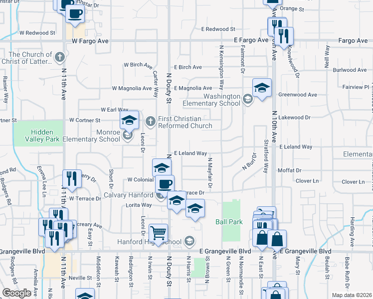 map of restaurants, bars, coffee shops, grocery stores, and more near 204 East Leland Way in Hanford