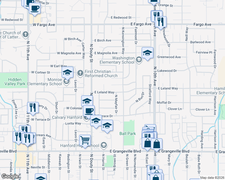 map of restaurants, bars, coffee shops, grocery stores, and more near 228 East Leland Way in Hanford