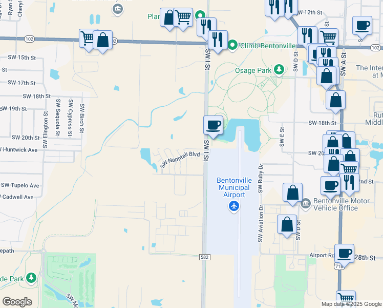 map of restaurants, bars, coffee shops, grocery stores, and more near 2503 Southwest Hind Place in Bentonville