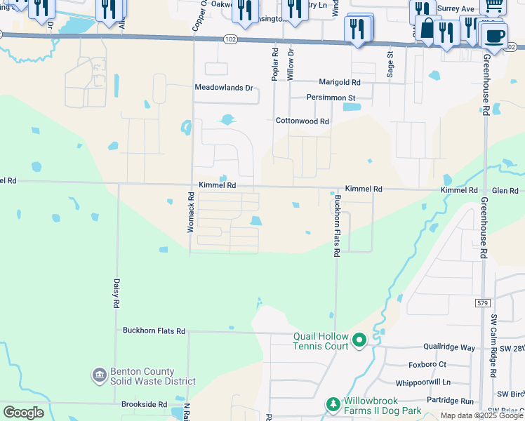 map of restaurants, bars, coffee shops, grocery stores, and more near 1121 Kimmel Road in Bentonville