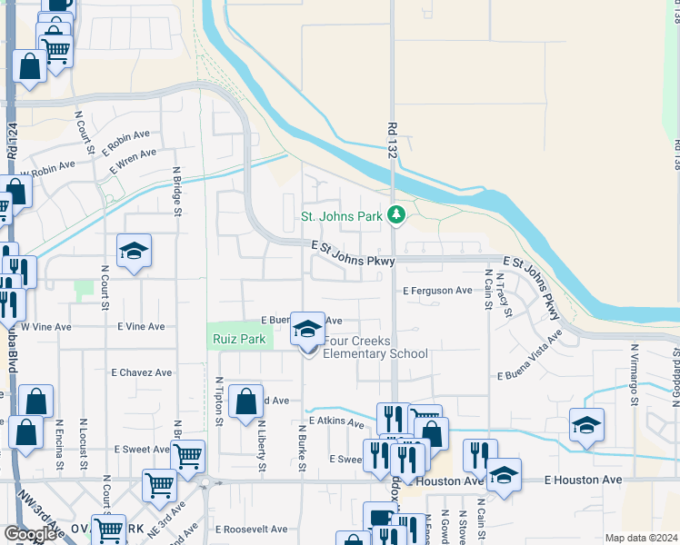 map of restaurants, bars, coffee shops, grocery stores, and more near 2219 North Oakhurst Street in Visalia