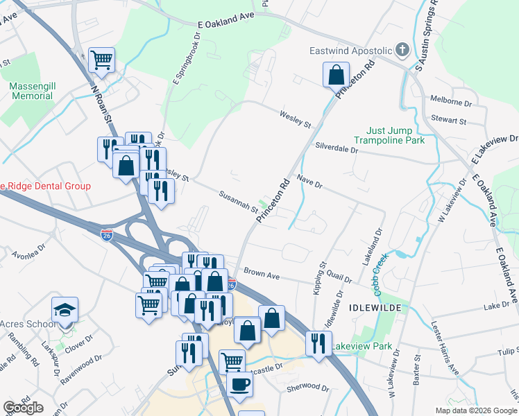 map of restaurants, bars, coffee shops, grocery stores, and more near 2400 Susannah Street in Johnson City