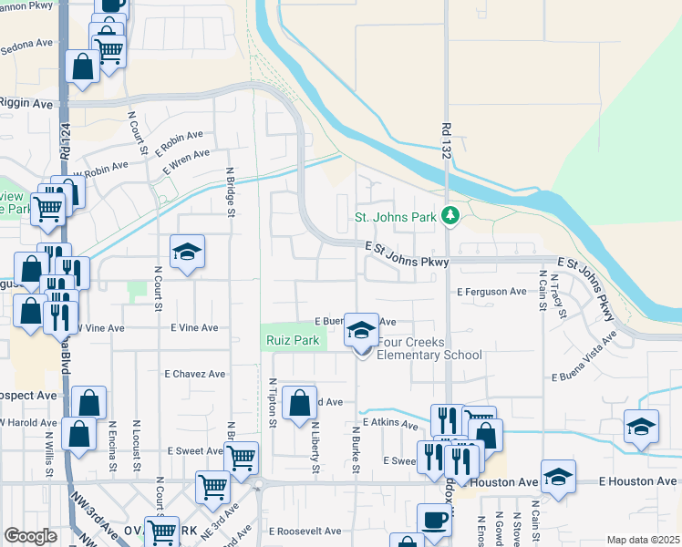 map of restaurants, bars, coffee shops, grocery stores, and more near 802 East Ferguson Avenue in Visalia